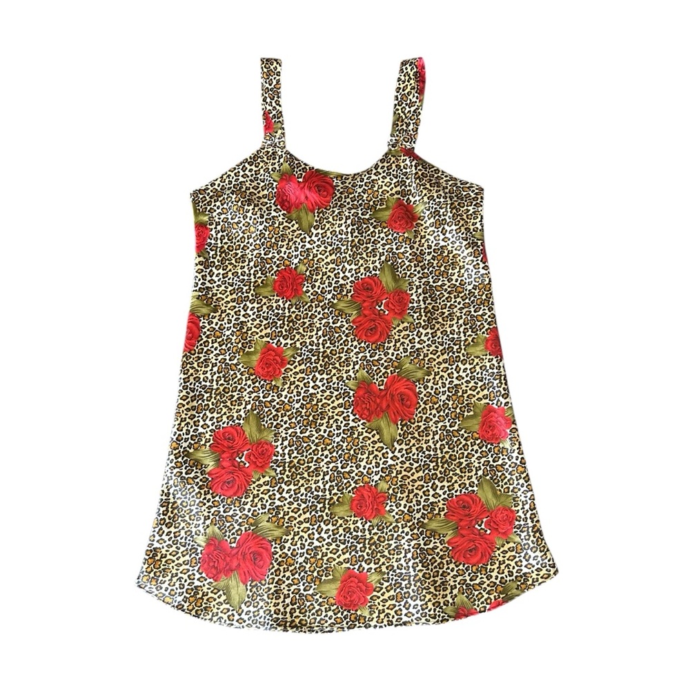 Leopard Print/Red Rose Slip Dress, Womens Size Large - Floral Cami Mini Dress
